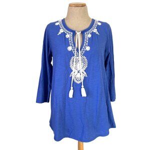 Lilly Pulitzer Women's Size L Embroidered Cotton Tunic Top Tassels 3/4 Sleeves